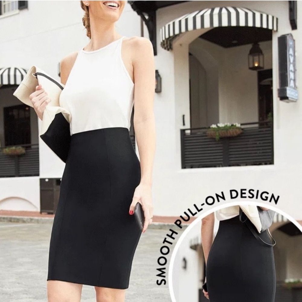 SPANX Black Bod-a-Bing Double Layer Pencil Skirt Sz M Shaper Minimal Chic Office